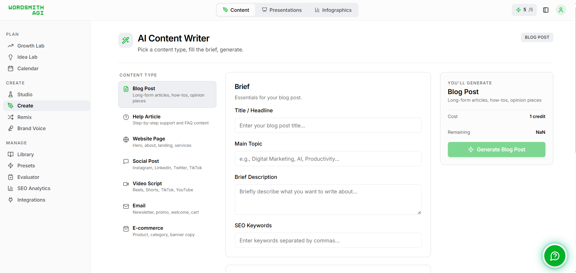 WordSmith AGI Content Writer dashboard